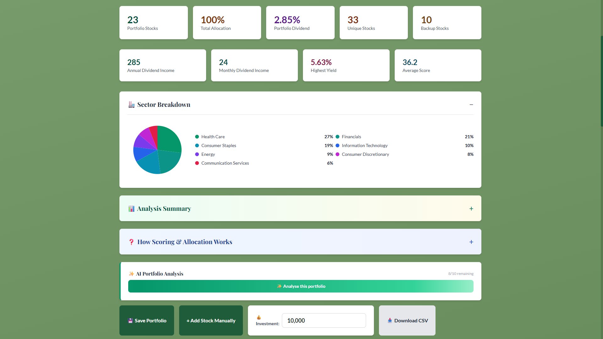 StockSmarty portfolio results showing ranked dividend stocks with allocation percentages